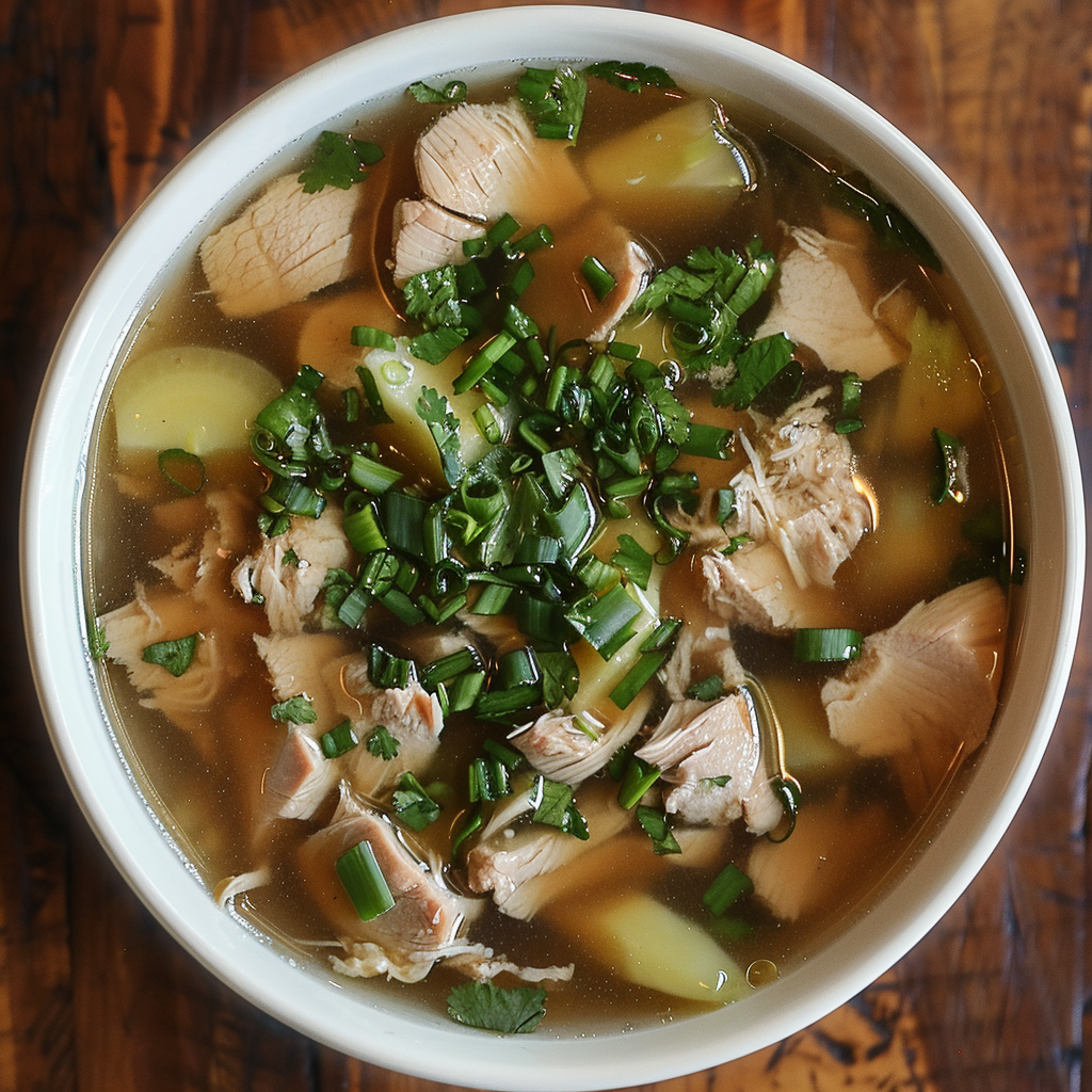 Un savoureux bouillon de poulet au gingembre. 