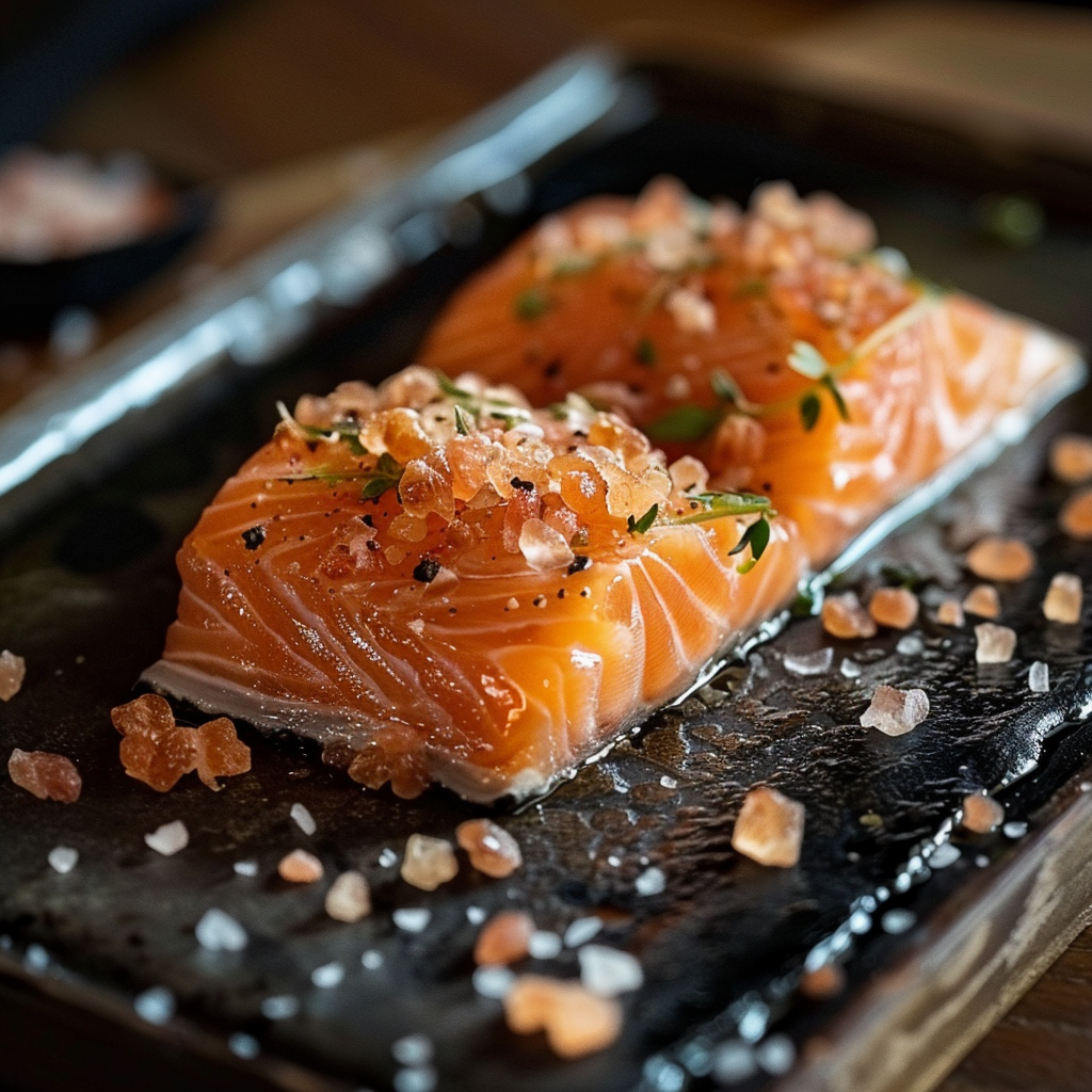 Un pavé de saumon au sel rose de l’Himalaya. 