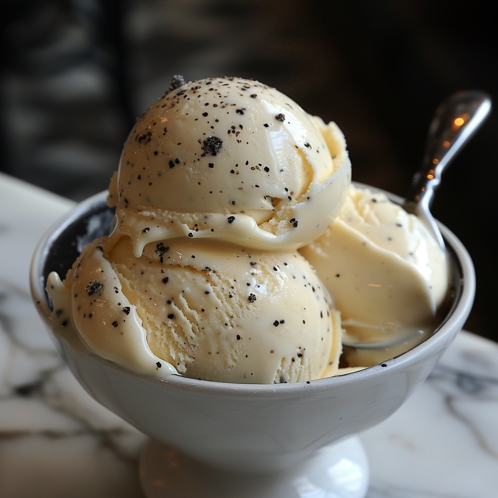 Une recette de glace saupoudrée de poudre de vanille Bourbon.